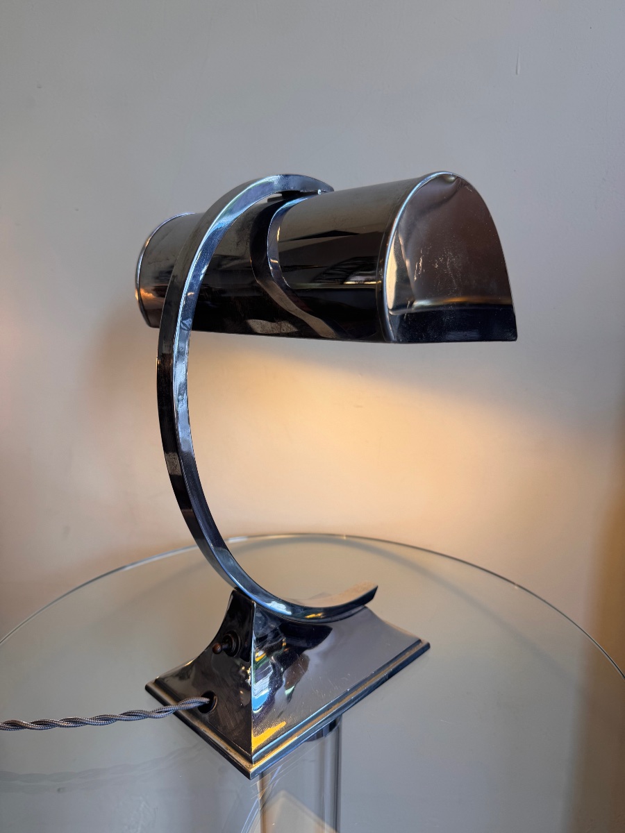 Lampe de bureau Art Déco Moderniste en métal chromé et pied courbé ( lampes art deco 1930 ) 40 -photo-2