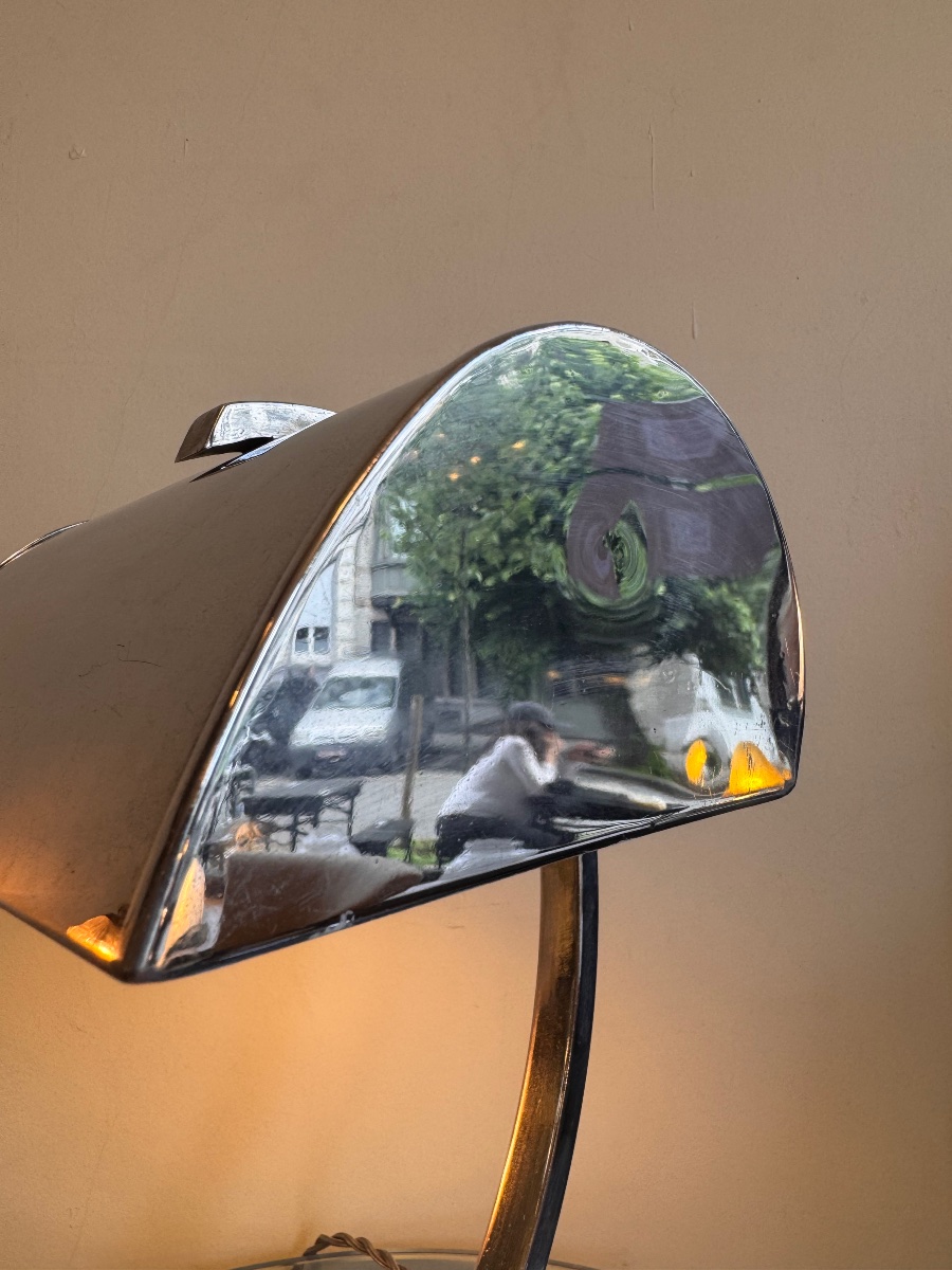 Lampe de bureau Art Déco Moderniste en métal chromé et pied courbé ( lampes art deco 1930 ) 40 -photo-4