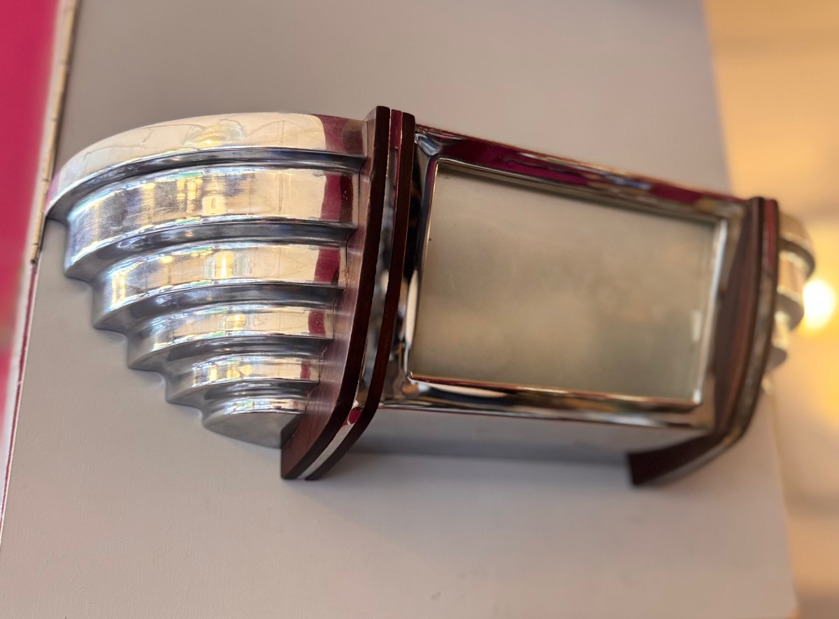 Pair Of Art Deco Modernist Sconces In Chromed Metal And Rosewood ( Art Deco Sconce 1930 )-photo-3