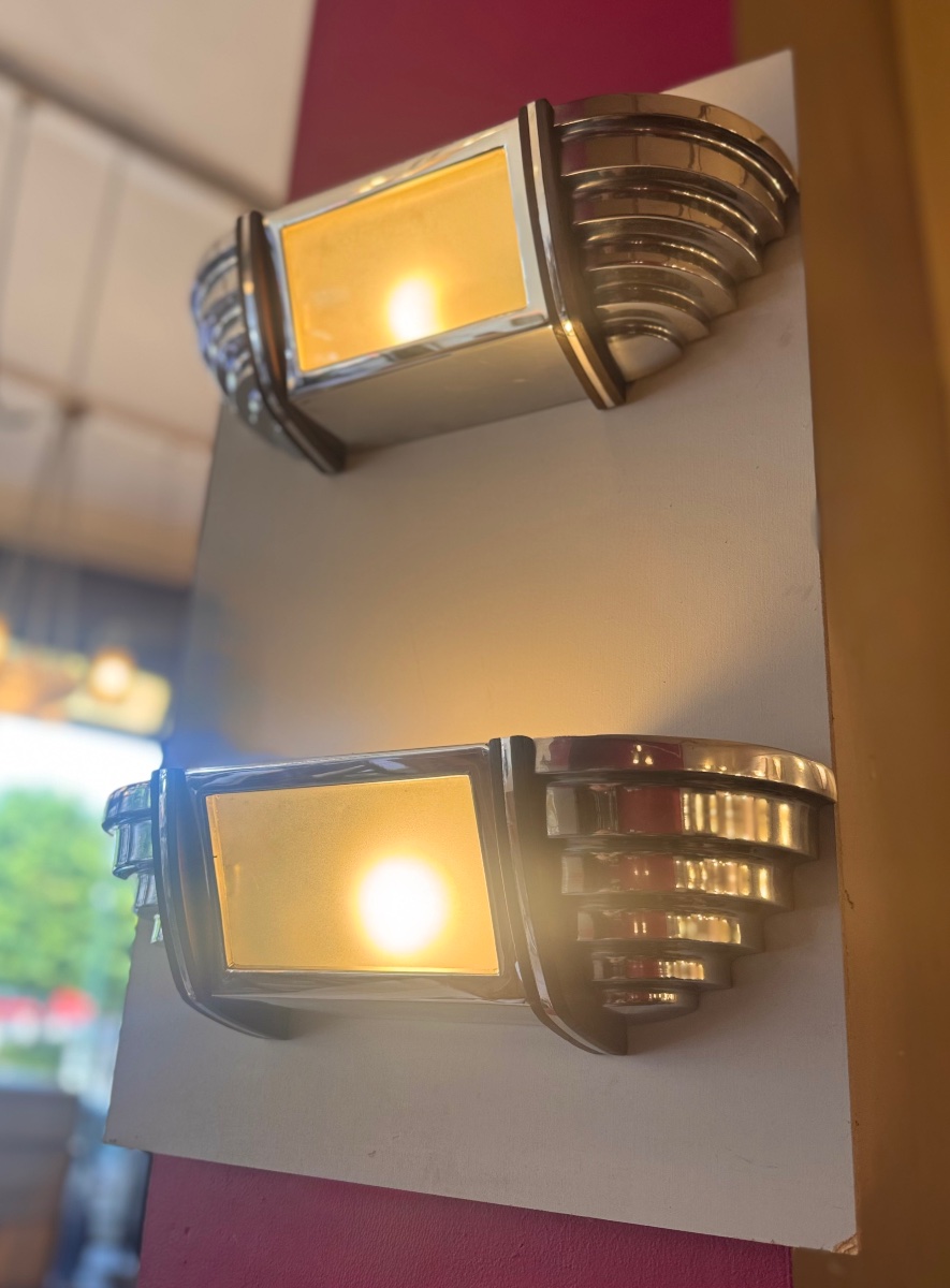 Pair Of Art Deco Modernist Sconces In Chromed Metal And Rosewood ( Art Deco Sconce 1930 )-photo-3