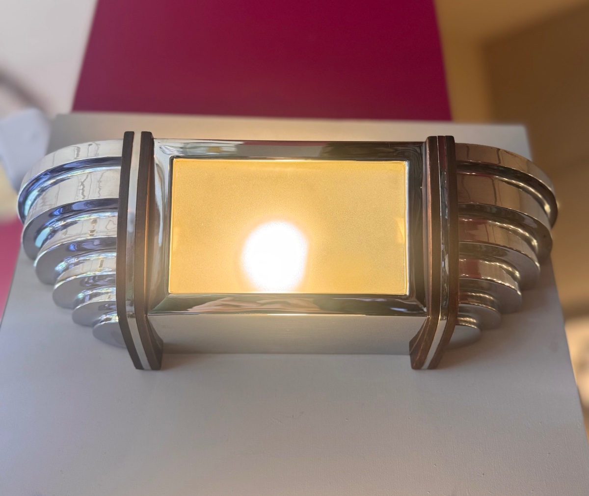 Pair Of Art Deco Modernist Sconces In Chromed Metal And Rosewood ( Art Deco Sconce 1930 )-photo-4