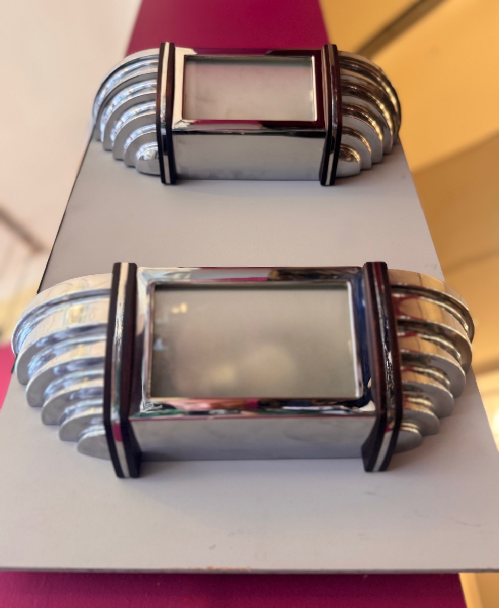 Pair Of Art Deco Modernist Sconces In Chromed Metal And Rosewood ( Art Deco Sconce 1930 )-photo-6