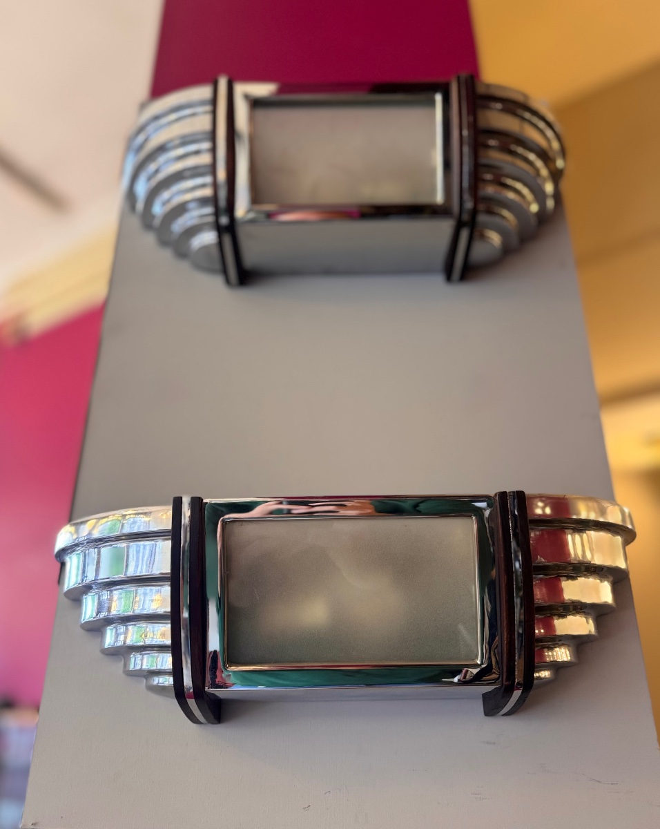 Pair Of Art Deco Modernist Sconces In Chromed Metal And Rosewood ( Art Deco Sconce 1930 )-photo-7