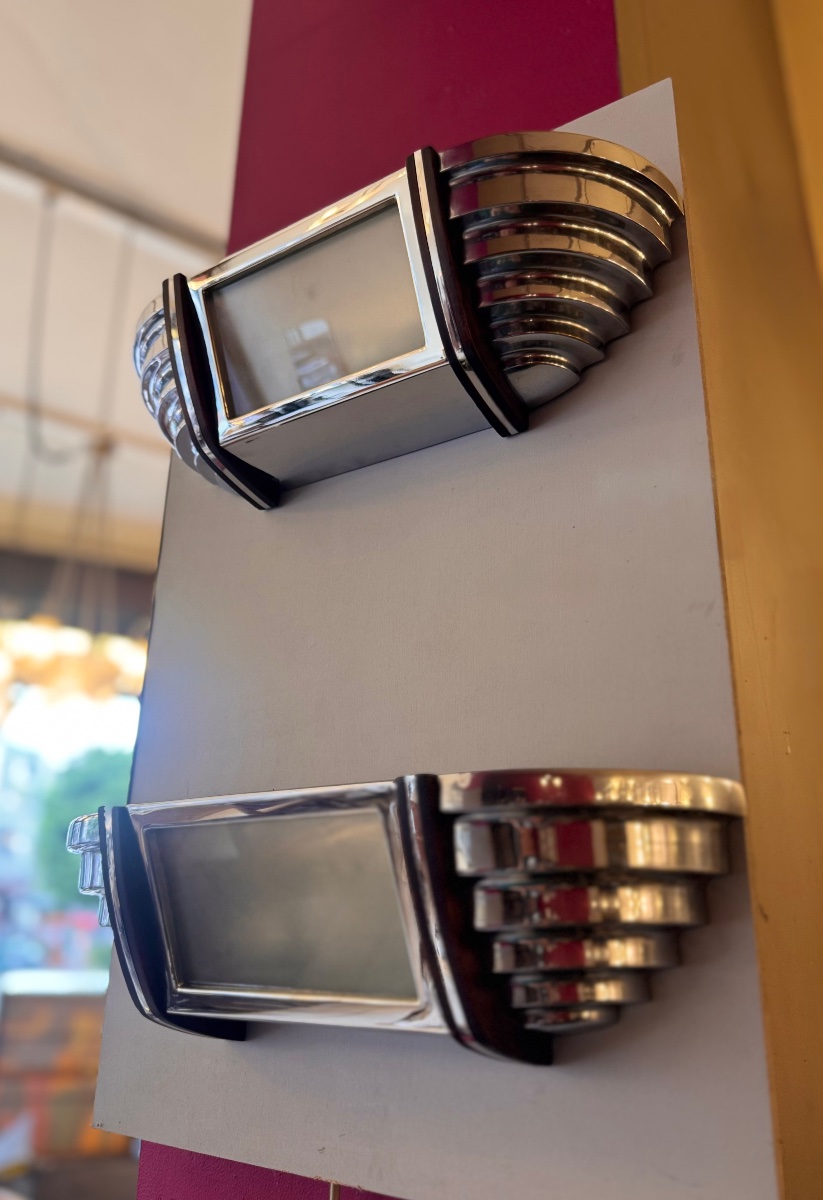 Pair Of Art Deco Modernist Sconces In Chromed Metal And Rosewood ( Art Deco Sconce 1930 )-photo-8