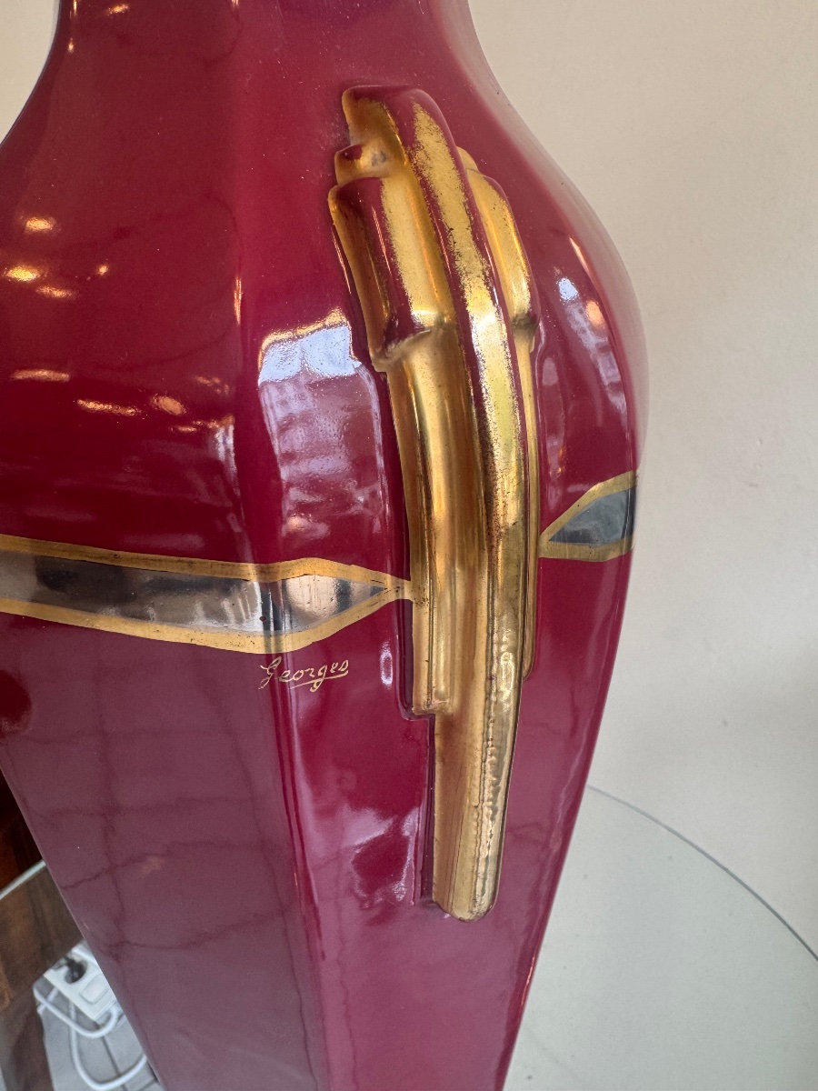 Large Art Deco Ceramic Vase From Tours Signed Georges / Sainte Radegonde ( Art Deco 1930 )-photo-6