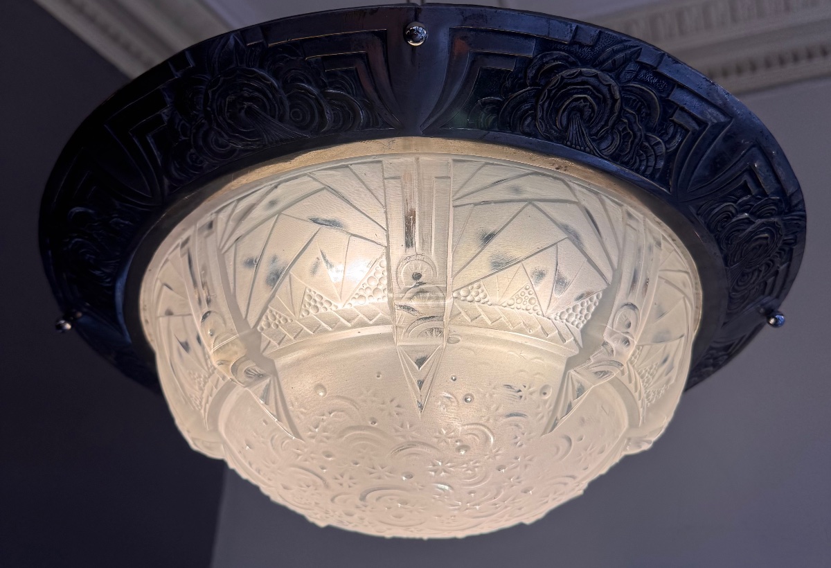 Art Deco Ceiling Light  « la Nuit étoilée » Signed Müller Frères Lunéville Glass Art Deco 1930-photo-4