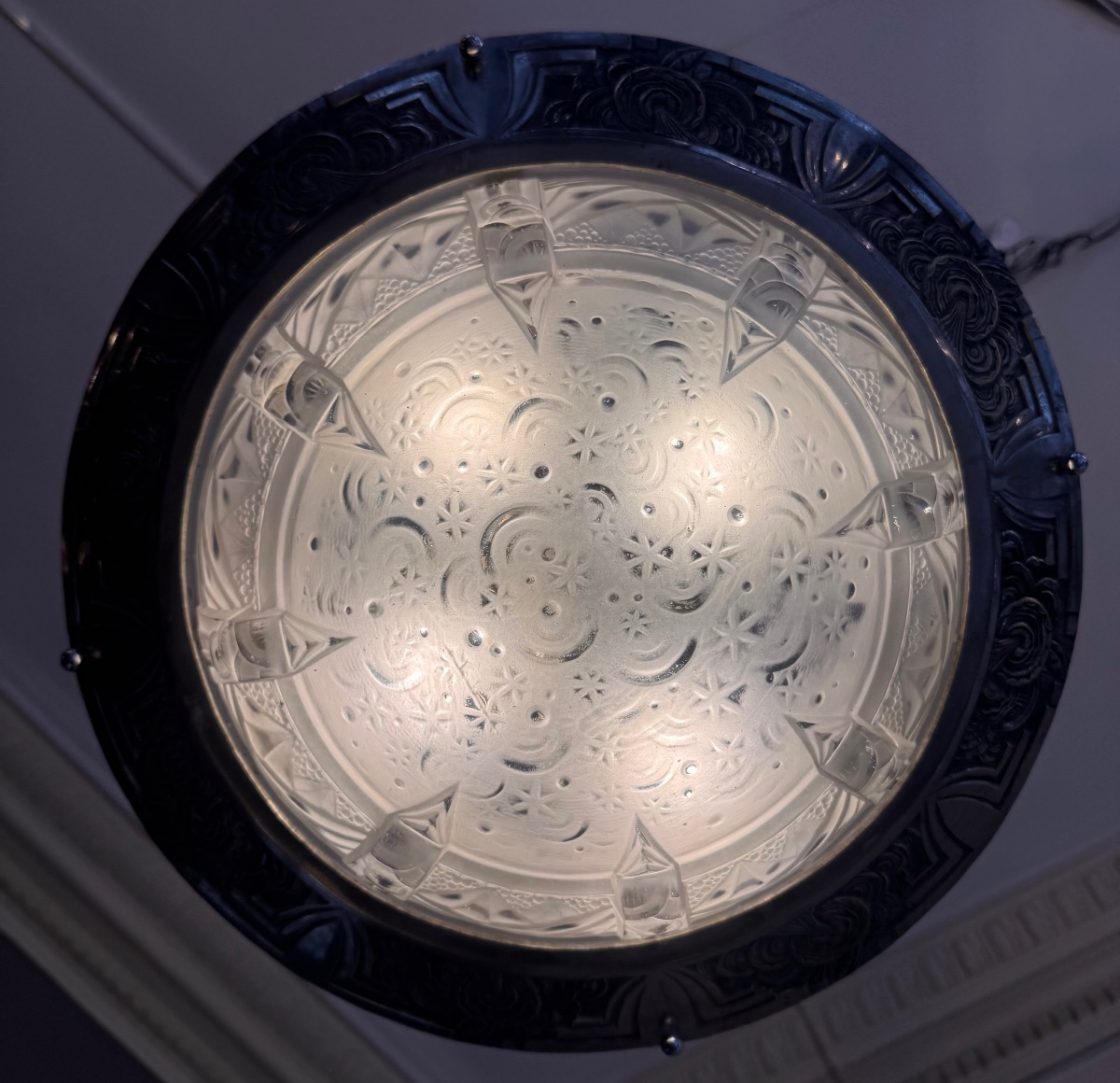 Art Deco Ceiling Light  « la Nuit étoilée » Signed Müller Frères Lunéville Glass Art Deco 1930-photo-4