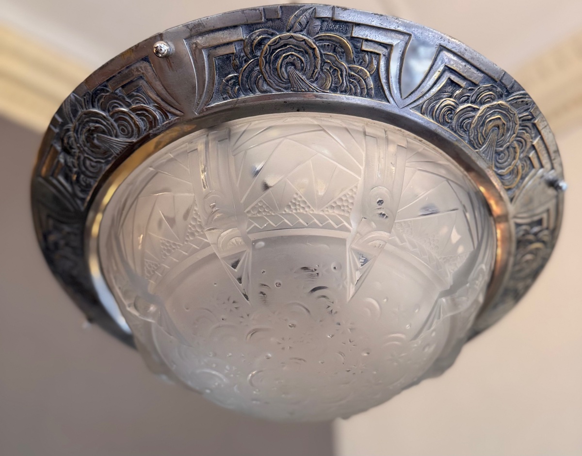 Art Deco Ceiling Light  « la Nuit étoilée » Signed Müller Frères Lunéville Glass Art Deco 1930