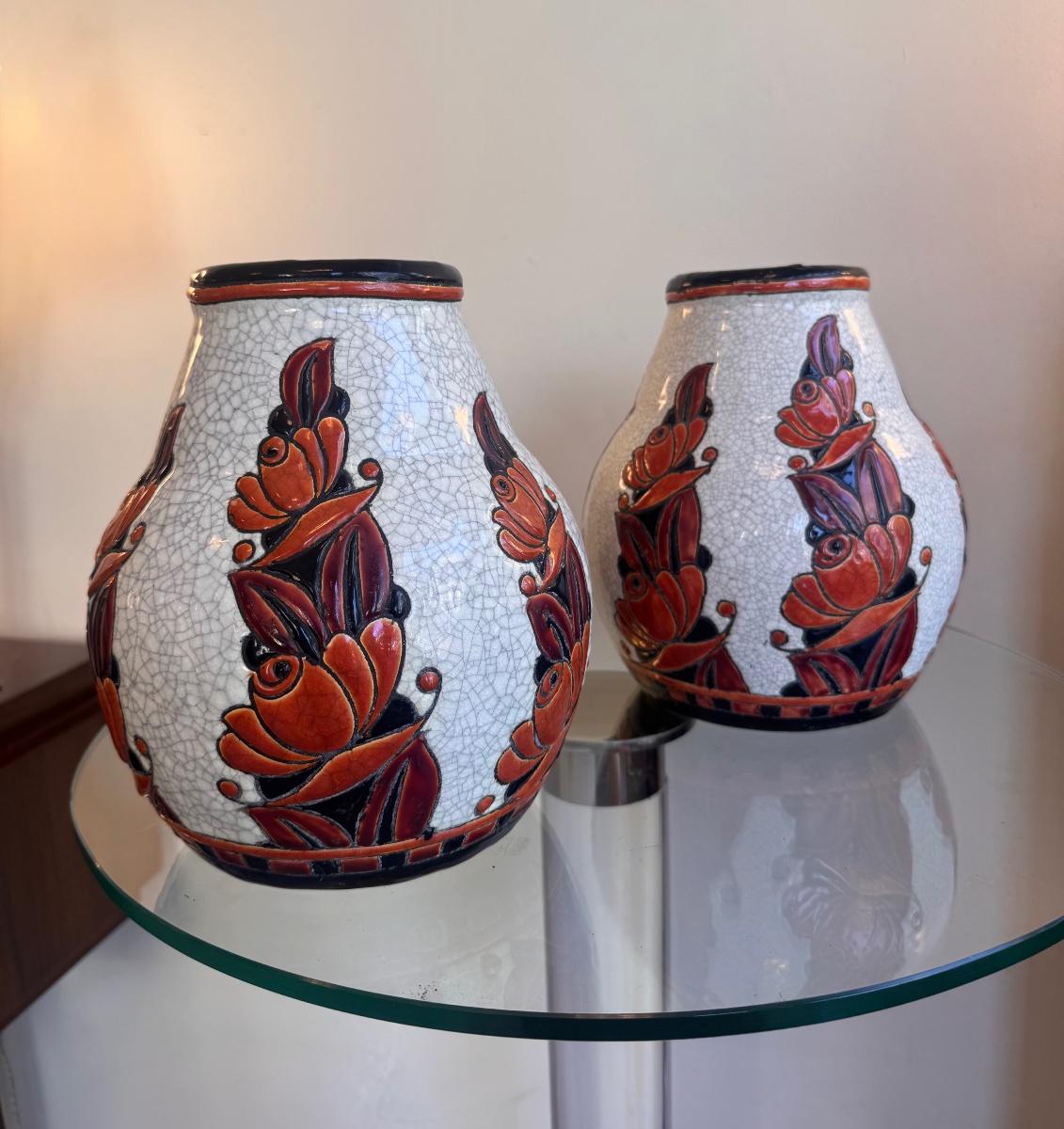 Paire de Vases Art Déco Léon Lambillotte / Boch Kéramis / Catteau Signée et num D. 1065 ( 1930 -photo-2