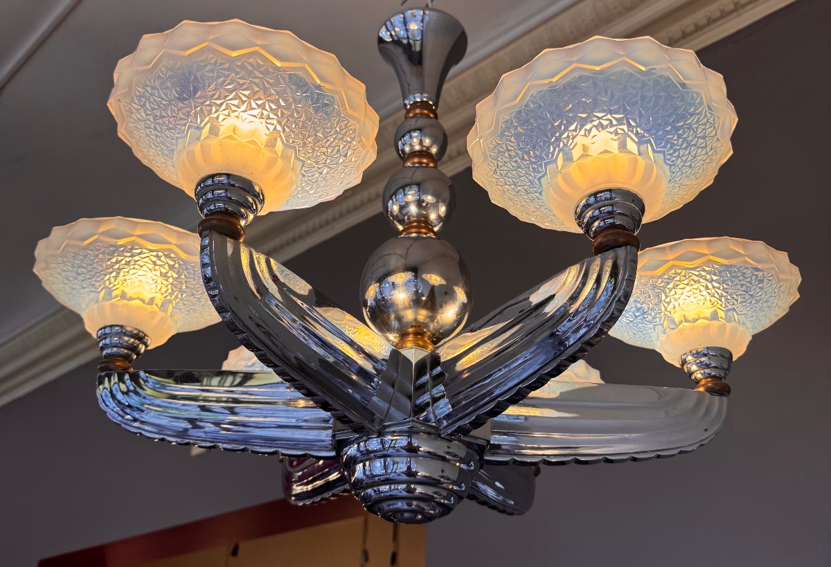  Lustre Art Déco Petitot & Ezan France à coupelles opalescentes   ( art deco 1930 / lustres ) -photo-2