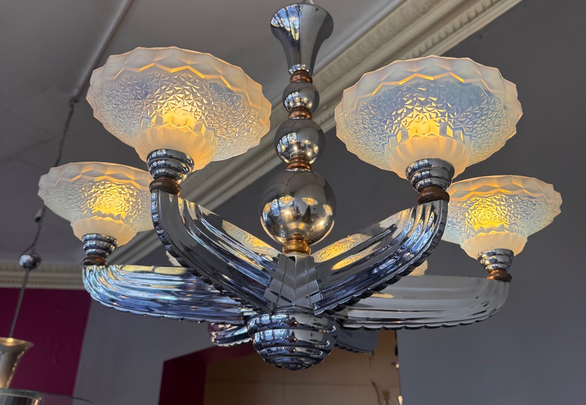  Lustre Art Déco Petitot & Ezan France à coupelles opalescentes   ( art deco 1930 / lustres ) -photo-4