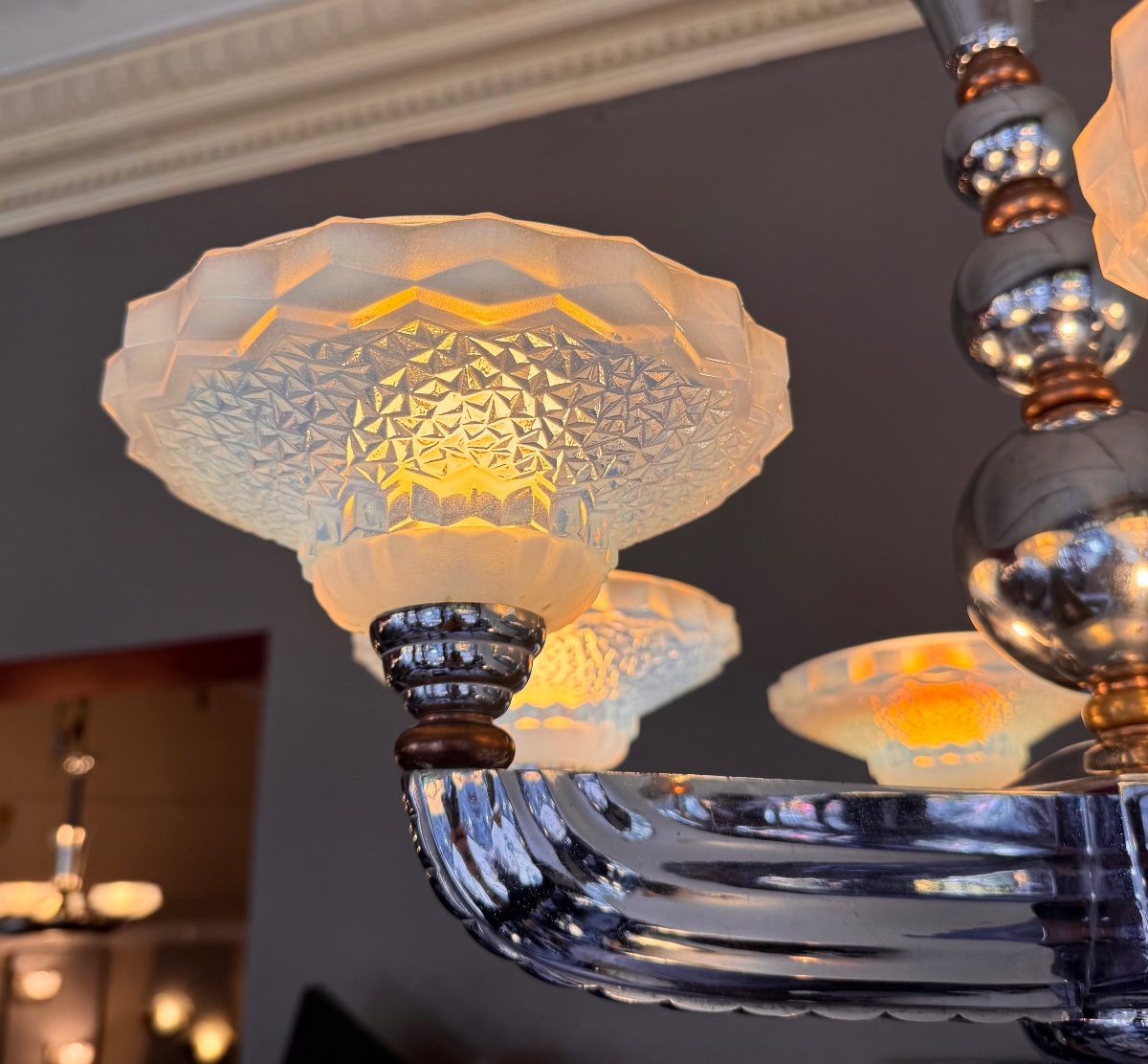  Lustre Art Déco Petitot & Ezan France à coupelles opalescentes   ( art deco 1930 / lustres ) -photo-3