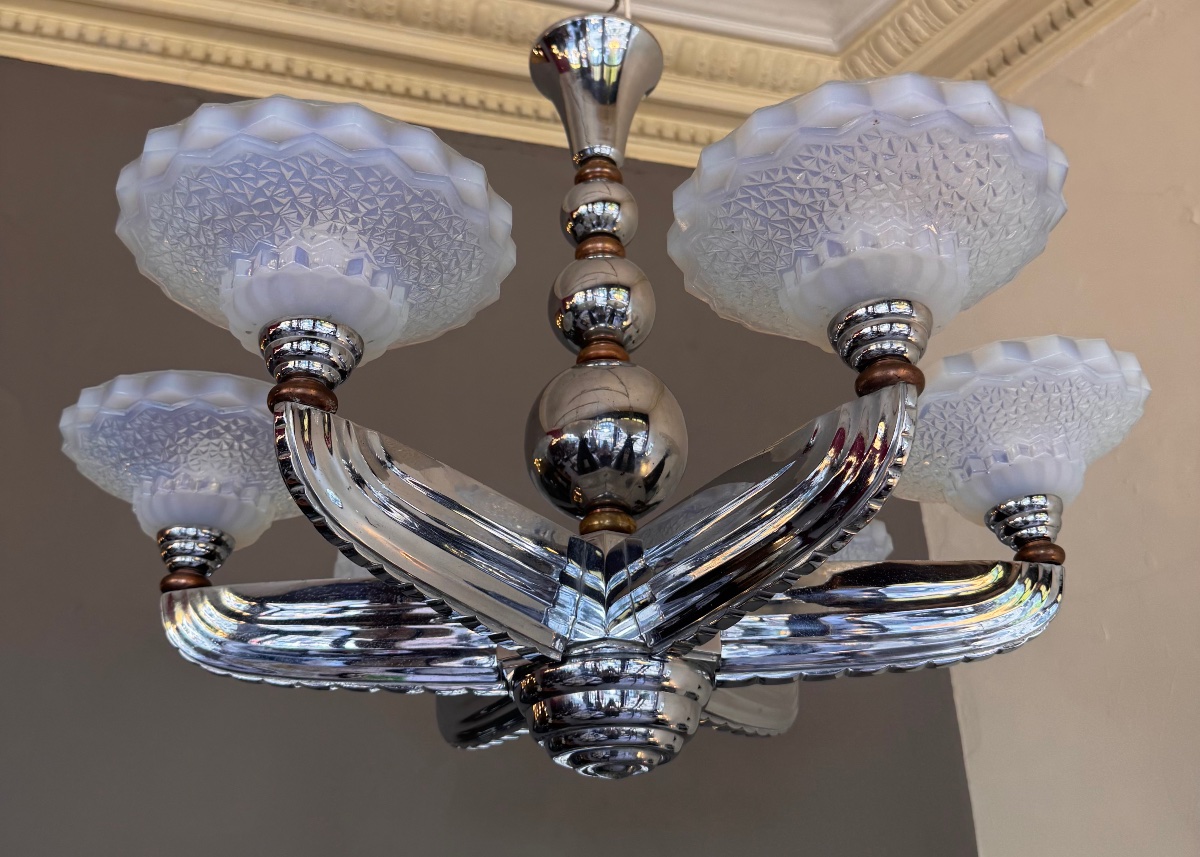  Lustre Art Déco Petitot & Ezan France à coupelles opalescentes   ( art deco 1930 / lustres ) -photo-4