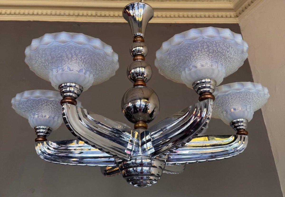  Lustre Art Déco Petitot & Ezan France à coupelles opalescentes   ( art deco 1930 / lustres ) -photo-8