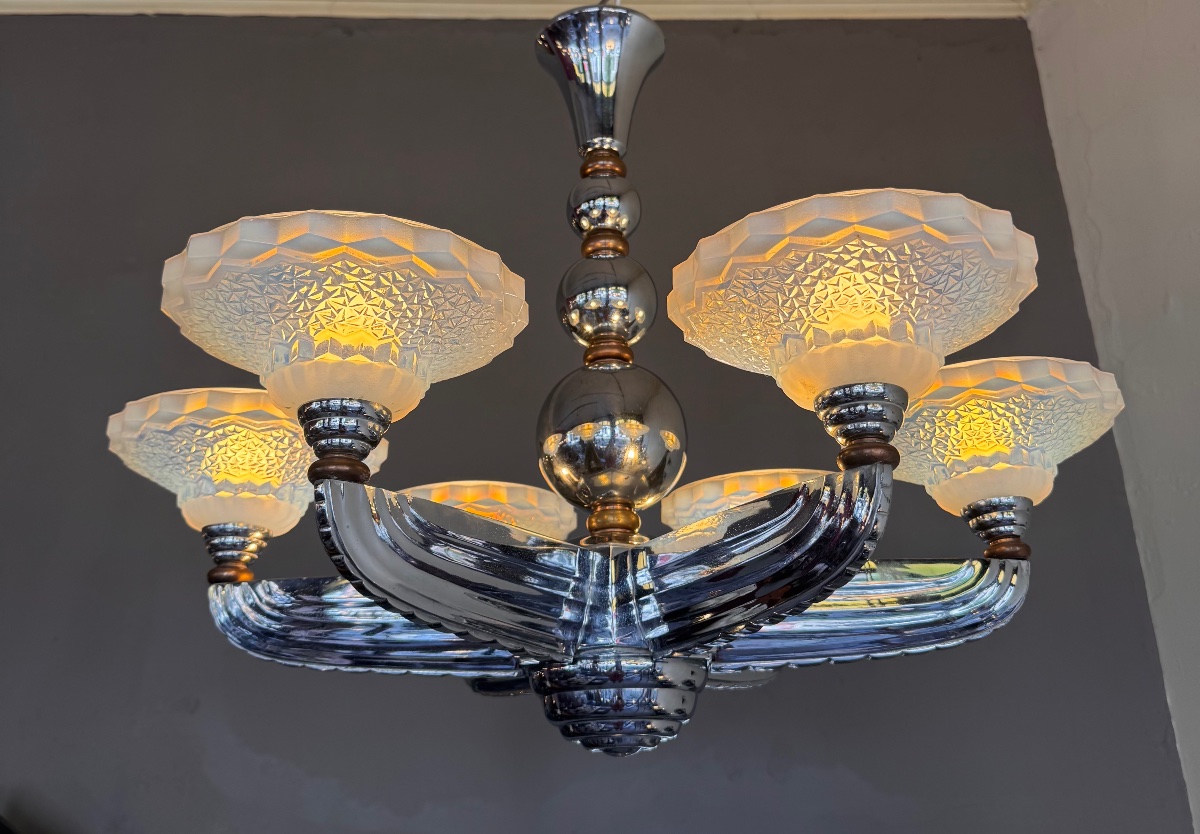  Lustre Art Déco Petitot & Ezan France à coupelles opalescentes   ( art deco 1930 / lustres ) 