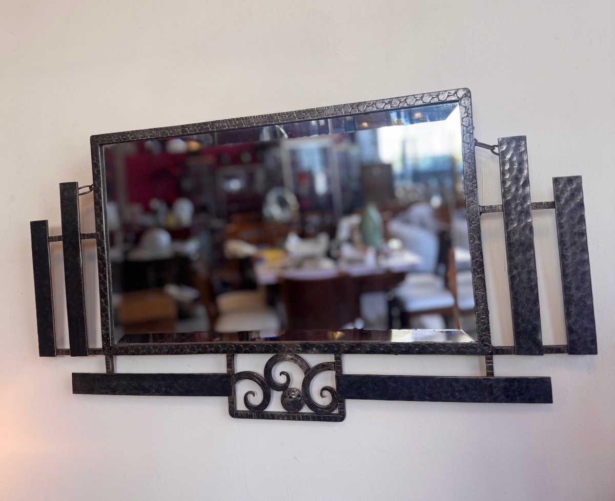 Miroir Art Déco rectangulaire en fer forgé martelé / ouvragé à verre biseauté ( deco 1930 ) -photo-2