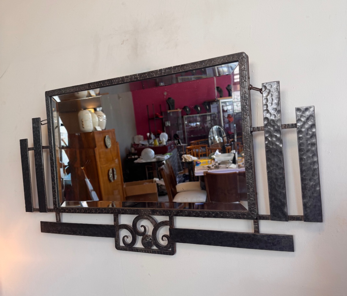 Miroir Art Déco rectangulaire en fer forgé martelé / ouvragé à verre biseauté ( deco 1930 ) -photo-3