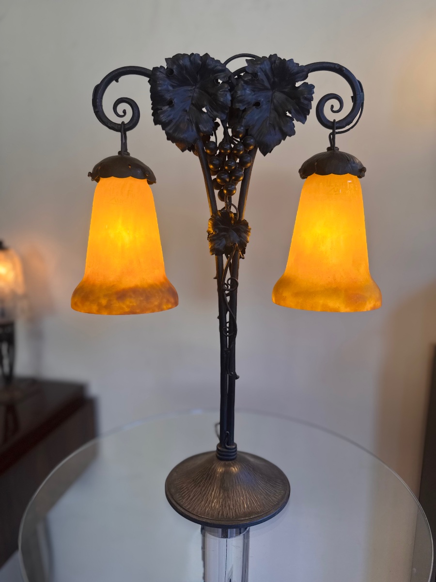 Art Nouveau–art Deco Transition-style Lamp With Double Tulip Shades, Signed Müller Frères (1930s Art Deco Lamps)-photo-2