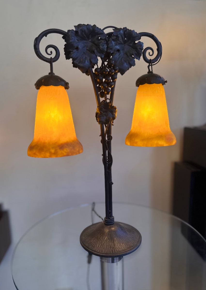 Art Nouveau–art Deco Transition-style Lamp With Double Tulip Shades, Signed Müller Frères (1930s Art Deco Lamps)-photo-3