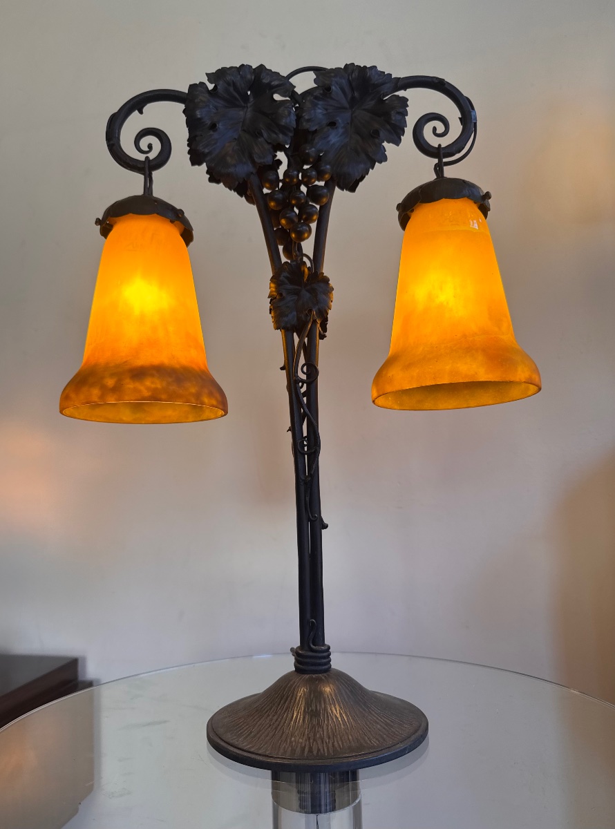 Art Nouveau–art Deco Transition-style Lamp With Double Tulip Shades, Signed Müller Frères (1930s Art Deco Lamps)-photo-2