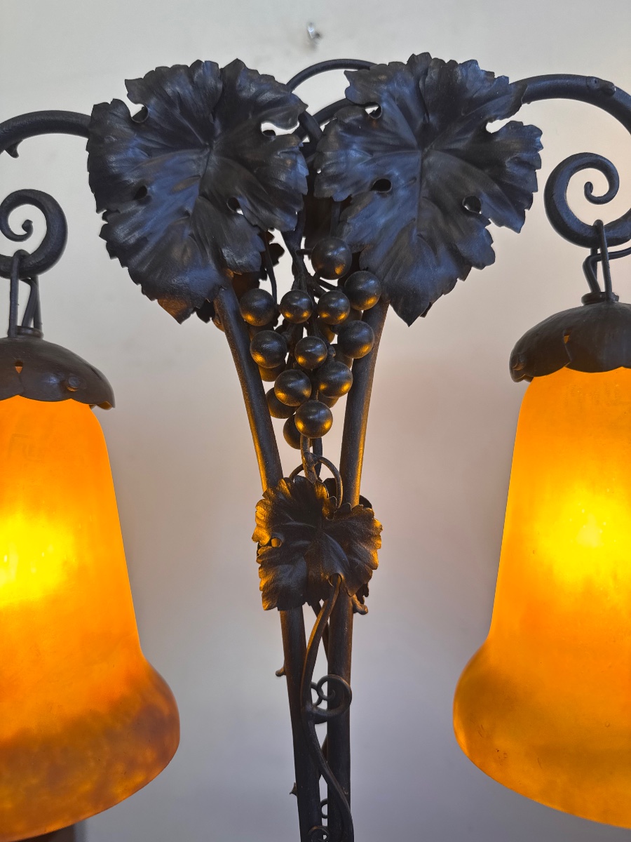 Art Nouveau–art Deco Transition-style Lamp With Double Tulip Shades, Signed Müller Frères (1930s Art Deco Lamps)-photo-3