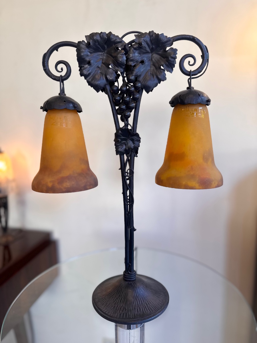 Art Nouveau–art Deco Transition-style Lamp With Double Tulip Shades, Signed Müller Frères (1930s Art Deco Lamps)-photo-5