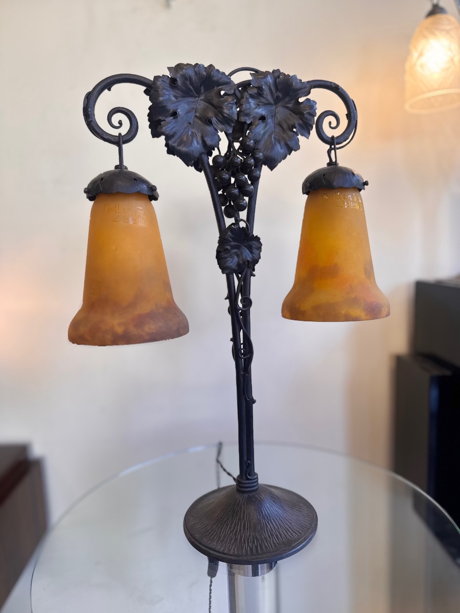Art Nouveau–art Deco Transition-style Lamp With Double Tulip Shades, Signed Müller Frères (1930s Art Deco Lamps)-photo-6