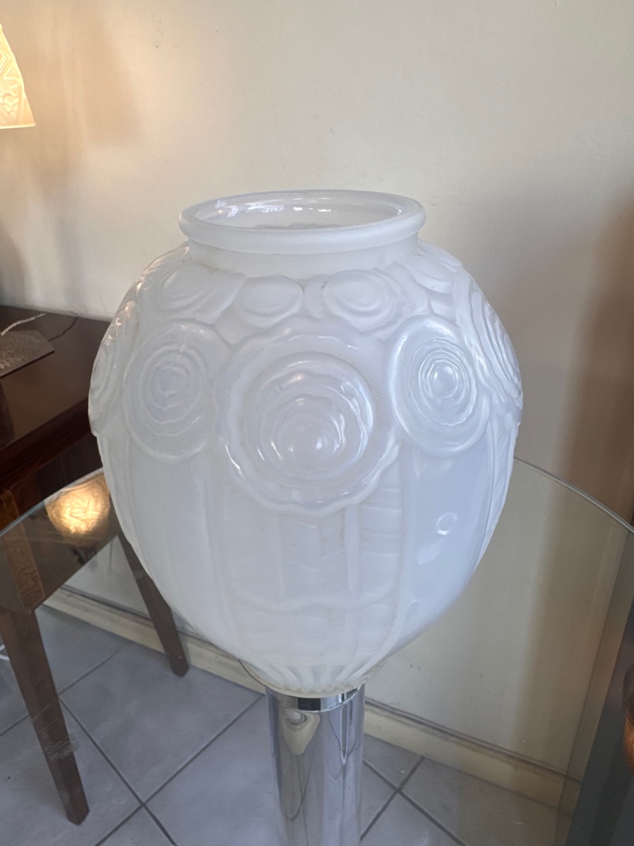 Art Deco "roses" Vase (large) In Opalescent Glass, Signed A. Hunebelle (art Deco, 1930)-photo-2