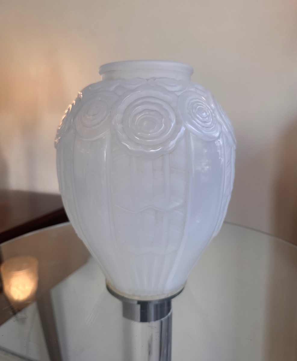 Art Deco "roses" Vase (large) In Opalescent Glass, Signed A. Hunebelle (art Deco, 1930)-photo-6