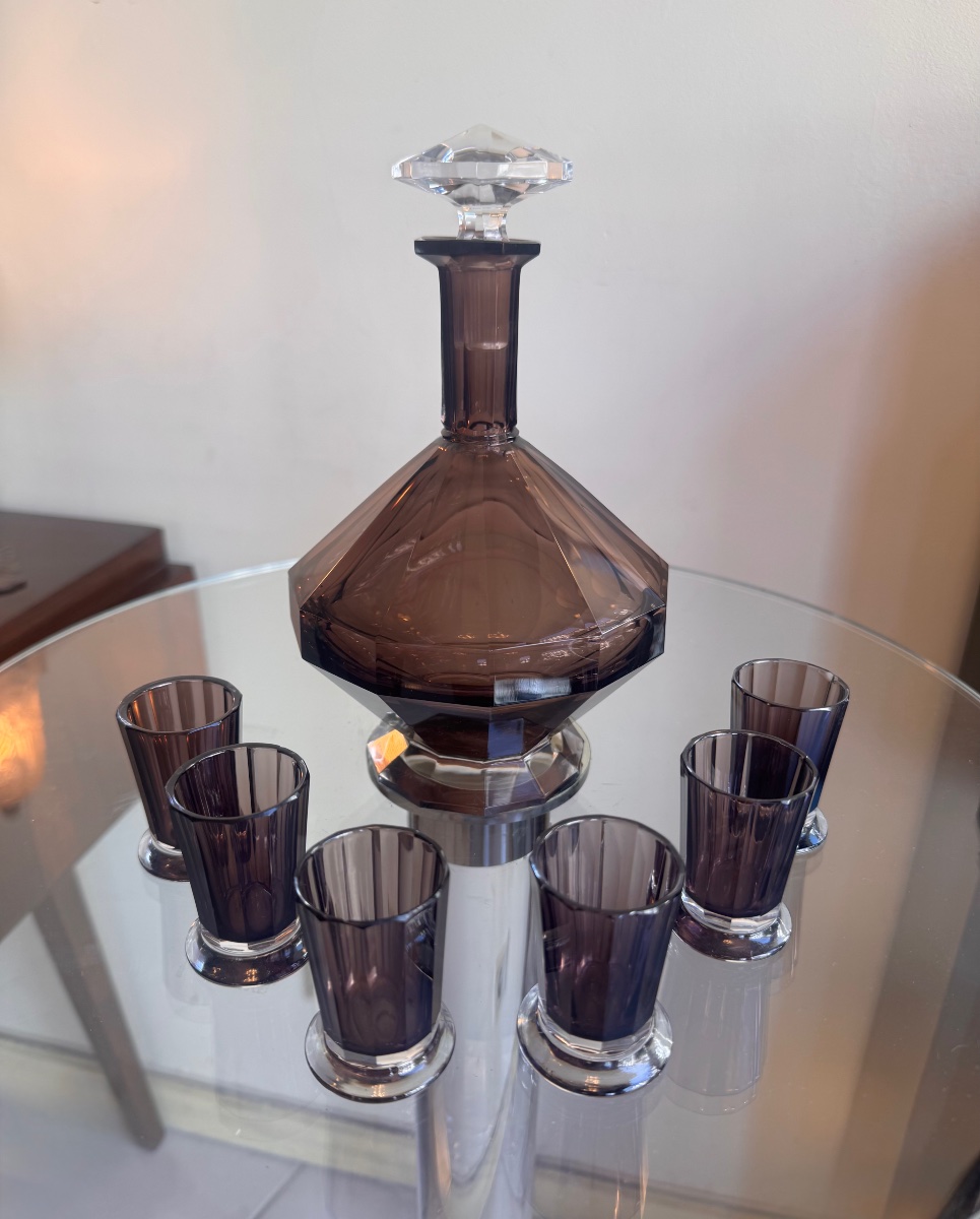 Art Deco “montmartre” Liqueur Set In Cut Crystal By Val Saint Lambert (1930s Art Deco) -photo-3