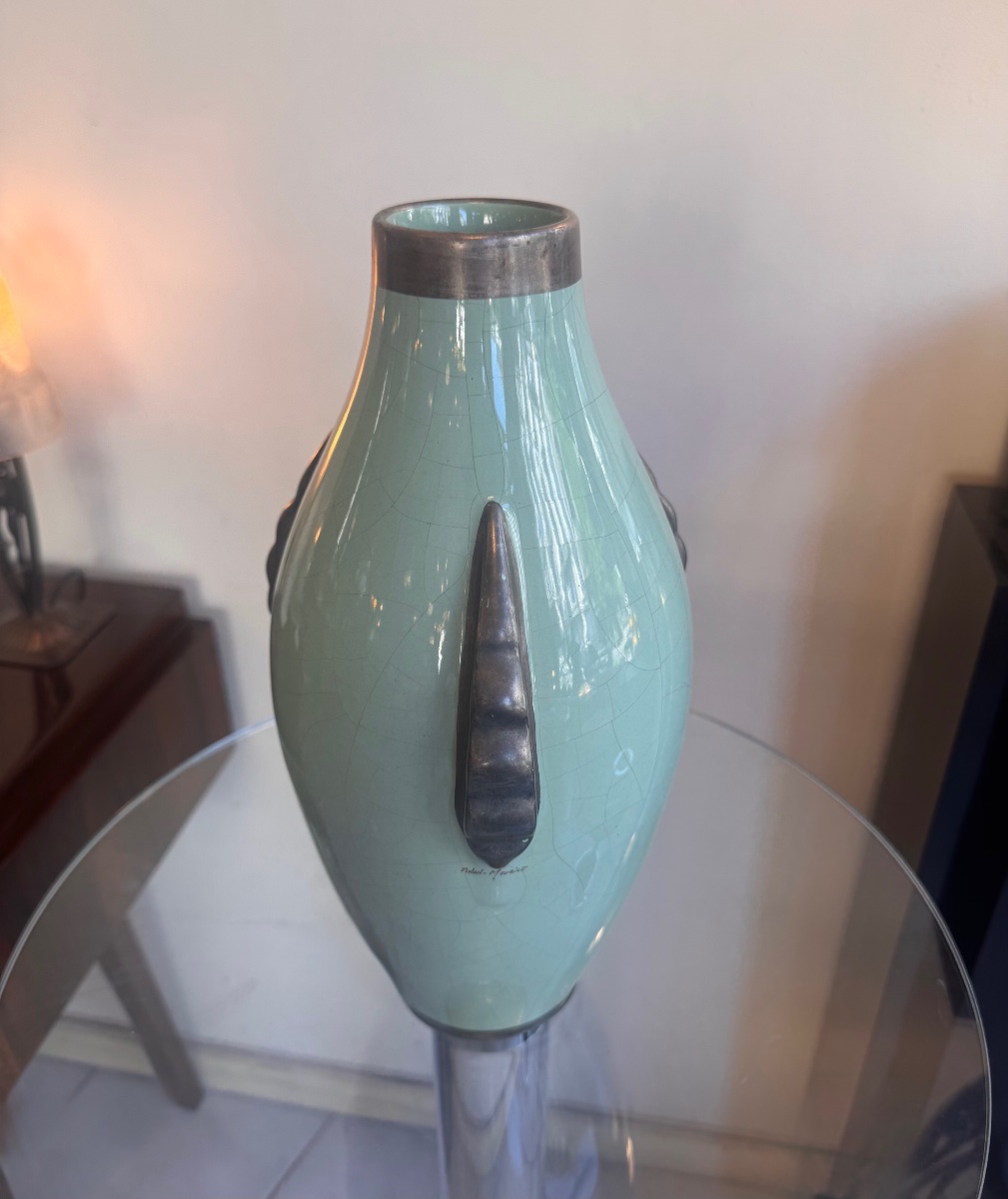 Vase Art Déco en faïence émaillée ( Tours )  Signé Maurice Pinon ( vases art deco 1930 ) -photo-2
