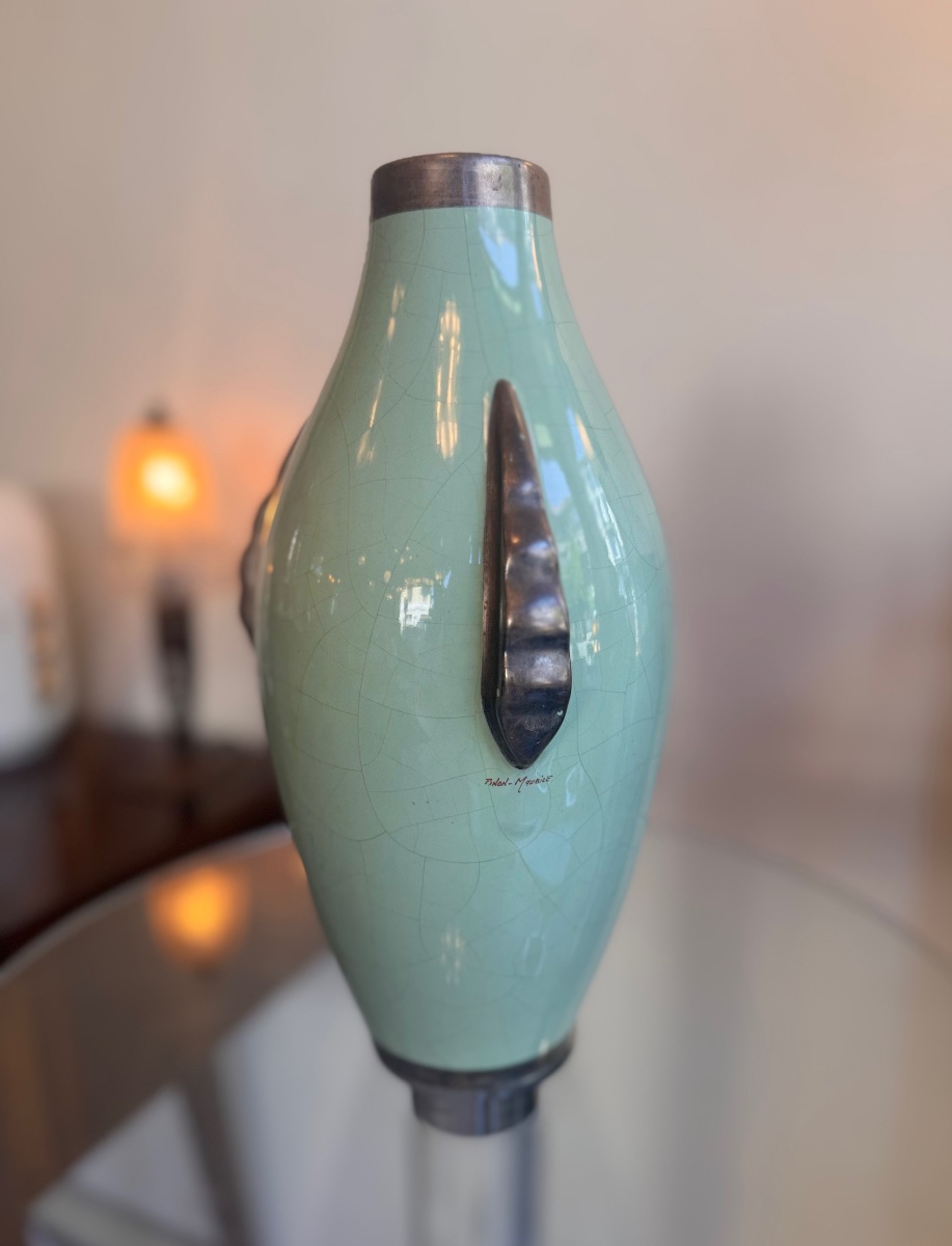Vase Art Déco en faïence émaillée ( Tours )  Signé Maurice Pinon ( vases art deco 1930 ) 