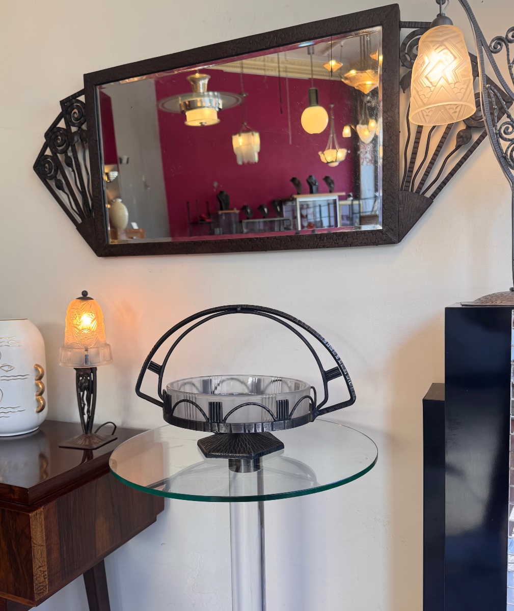 Centre de Table / Vide-poches / Corbeille Art Déco en verre pressé et fer forgé ( deco 1930 ) -photo-8