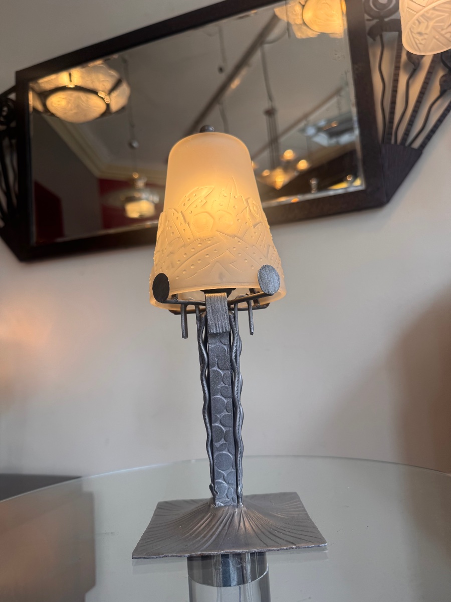 Art Deco "fougères" Table Lamp, Signed Müller Frères Lunéville / Pressed Glass (1930s Art Deco)-photo-2