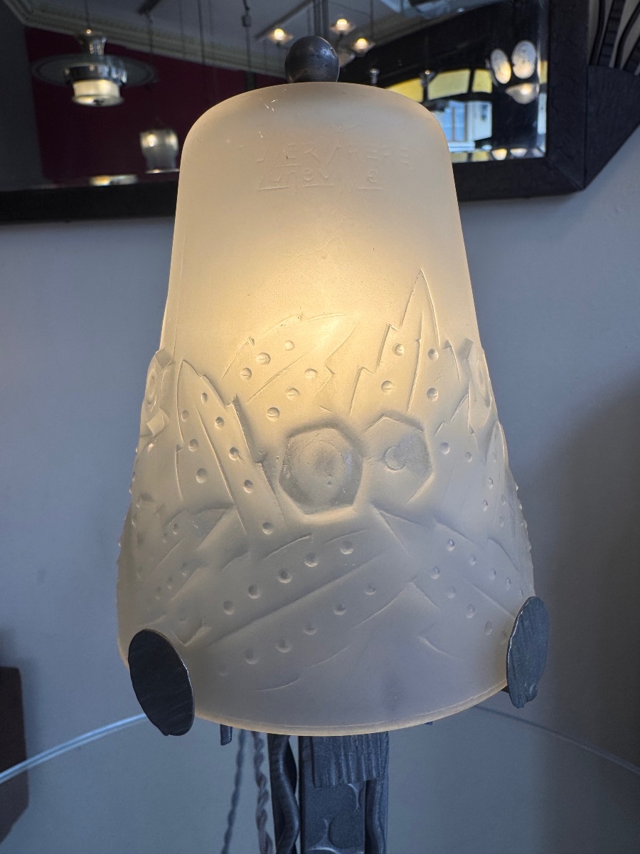 Art Deco "fougères" Table Lamp, Signed Müller Frères Lunéville / Pressed Glass (1930s Art Deco)-photo-2