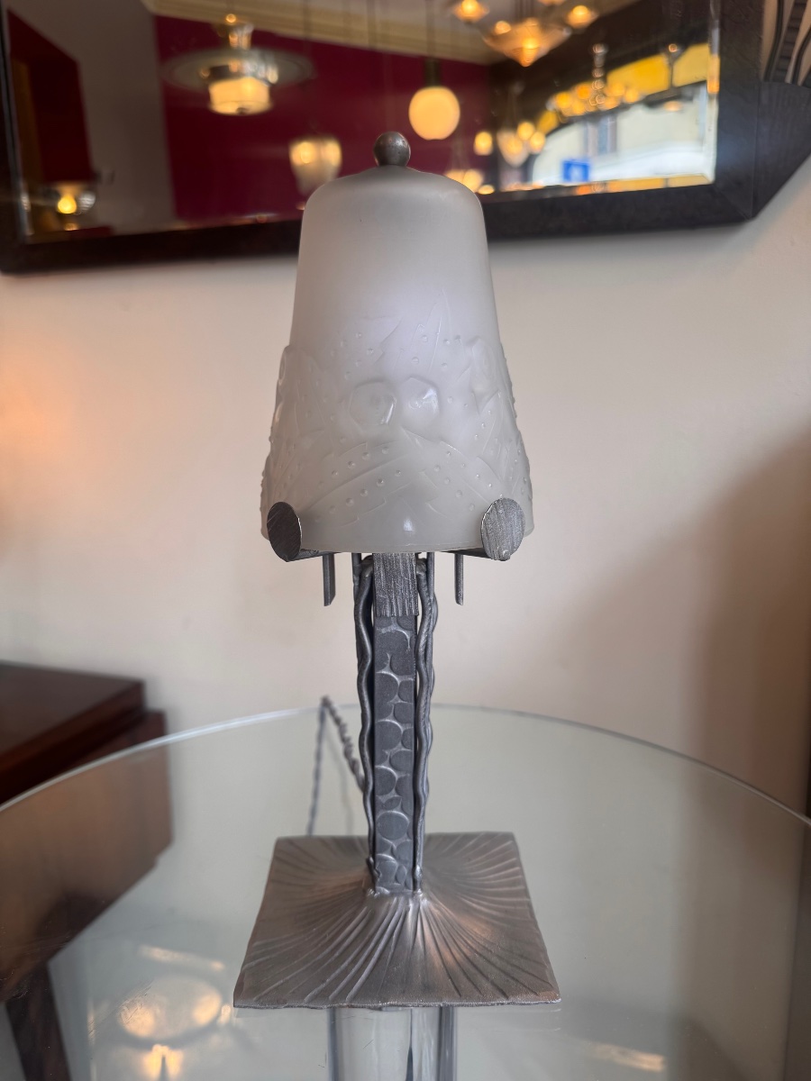 Art Deco "fougères" Table Lamp, Signed Müller Frères Lunéville / Pressed Glass (1930s Art Deco)-photo-3