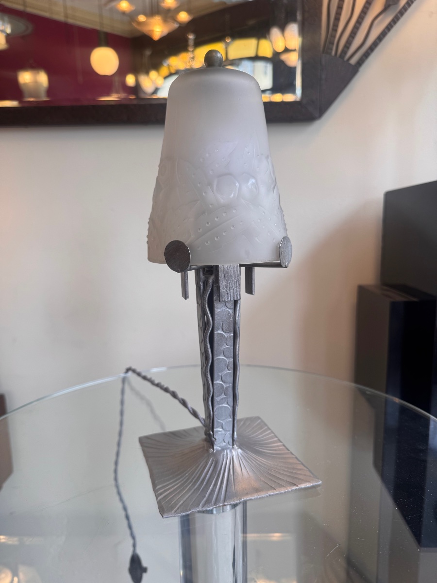 Art Deco "fougères" Table Lamp, Signed Müller Frères Lunéville / Pressed Glass (1930s Art Deco)-photo-5