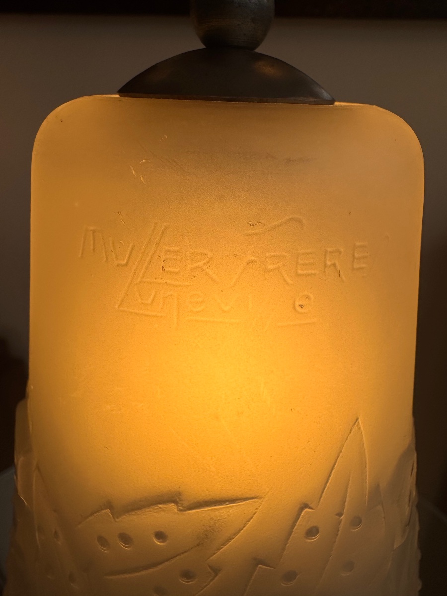 Art Deco "fougères" Table Lamp, Signed Müller Frères Lunéville / Pressed Glass (1930s Art Deco)-photo-6