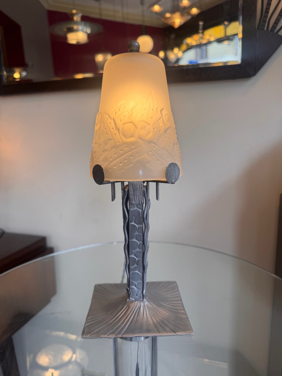 Art Deco "fougères" Table Lamp, Signed Müller Frères Lunéville / Pressed Glass (1930s Art Deco)-photo-7