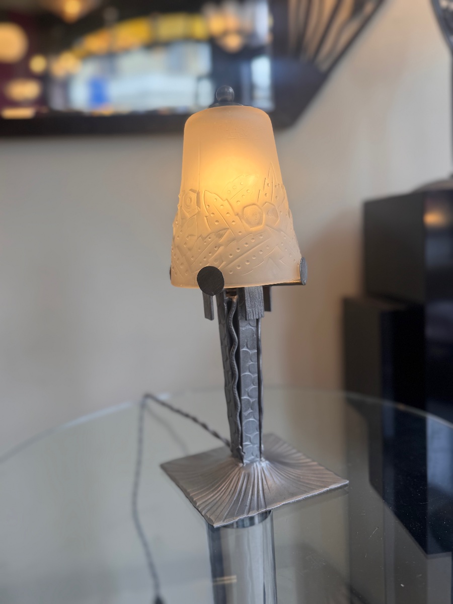 Art Deco "fougères" Table Lamp, Signed Müller Frères Lunéville / Pressed Glass (1930s Art Deco)-photo-8