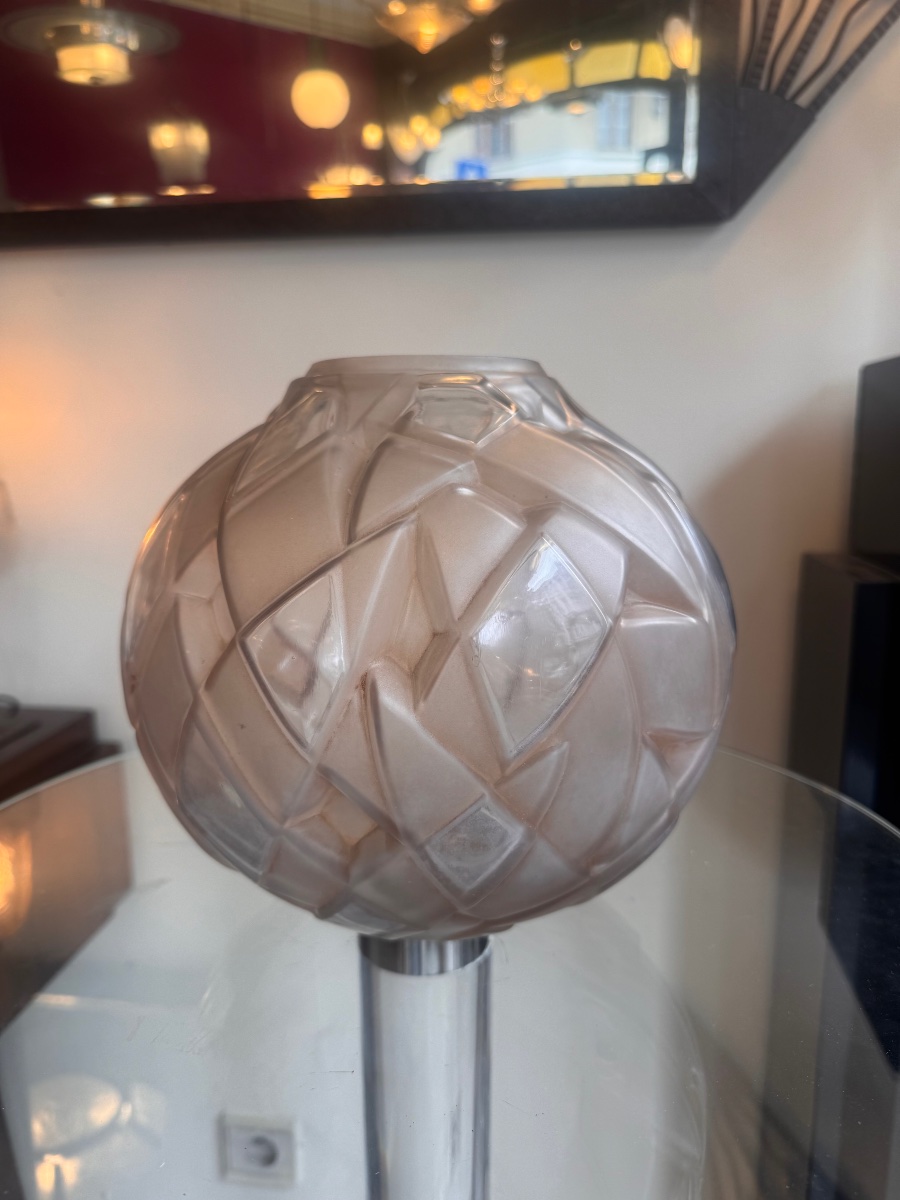Art Deco "braided Leaves" Ball Vase With Sepia Patina, Signed A. Hunebelle (art Deco, 1930) -photo-7