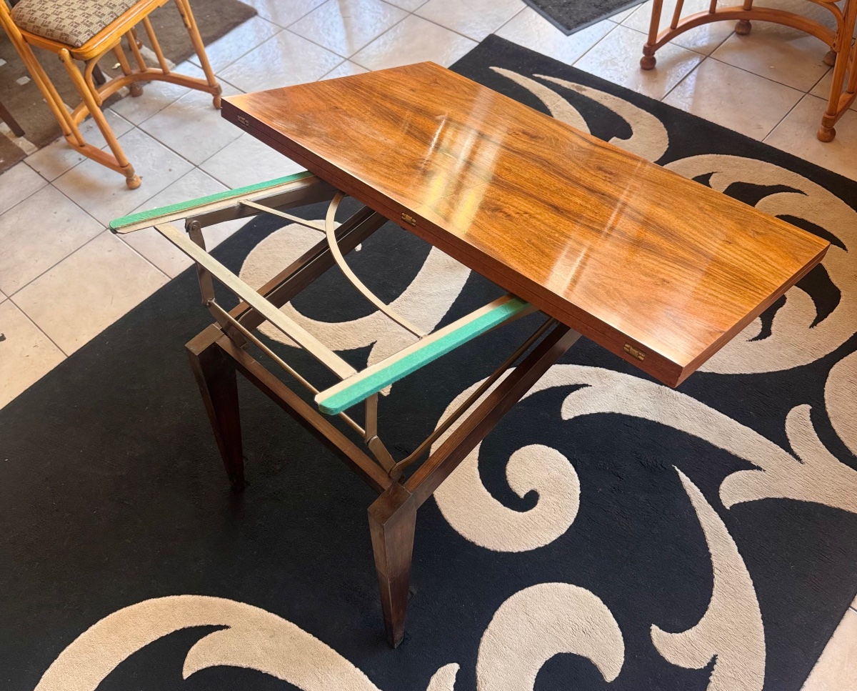 Late Art Deco (1945) Convertible Table In Buffeted Walnut / 4 Positions (1930s Art Deco)-photo-2