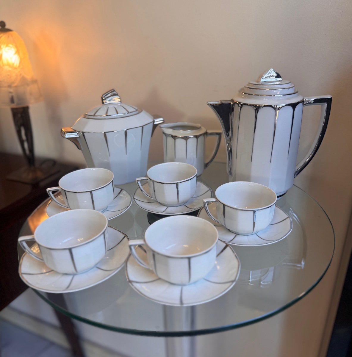Art Deco "skyscraper" Tea And Coffee Set In Limoges Porcelain {cache} (1930s) -photo-3