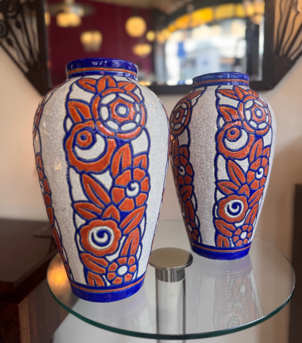 Grande Paire de Vases Art Déco Georges Tecqmenne / Boch Frères Kéramis Signée ( deco 1930 ) -photo-2