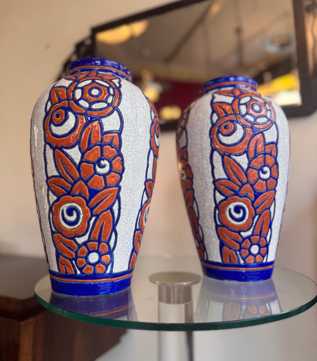 Grande Paire de Vases Art Déco Georges Tecqmenne / Boch Frères Kéramis Signée ( deco 1930 ) -photo-4