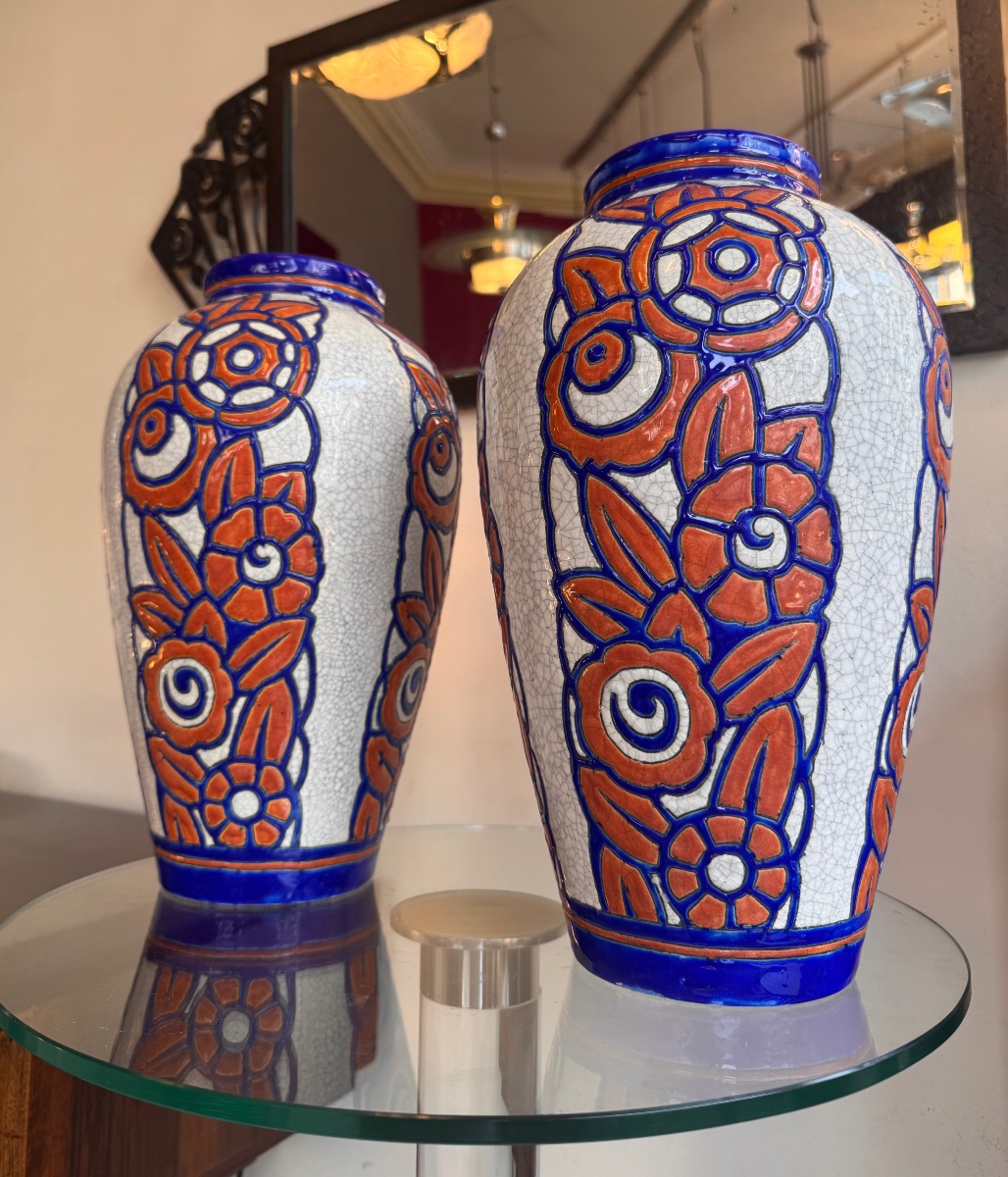 Grande Paire de Vases Art Déco Georges Tecqmenne / Boch Frères Kéramis Signée ( deco 1930 ) -photo-2