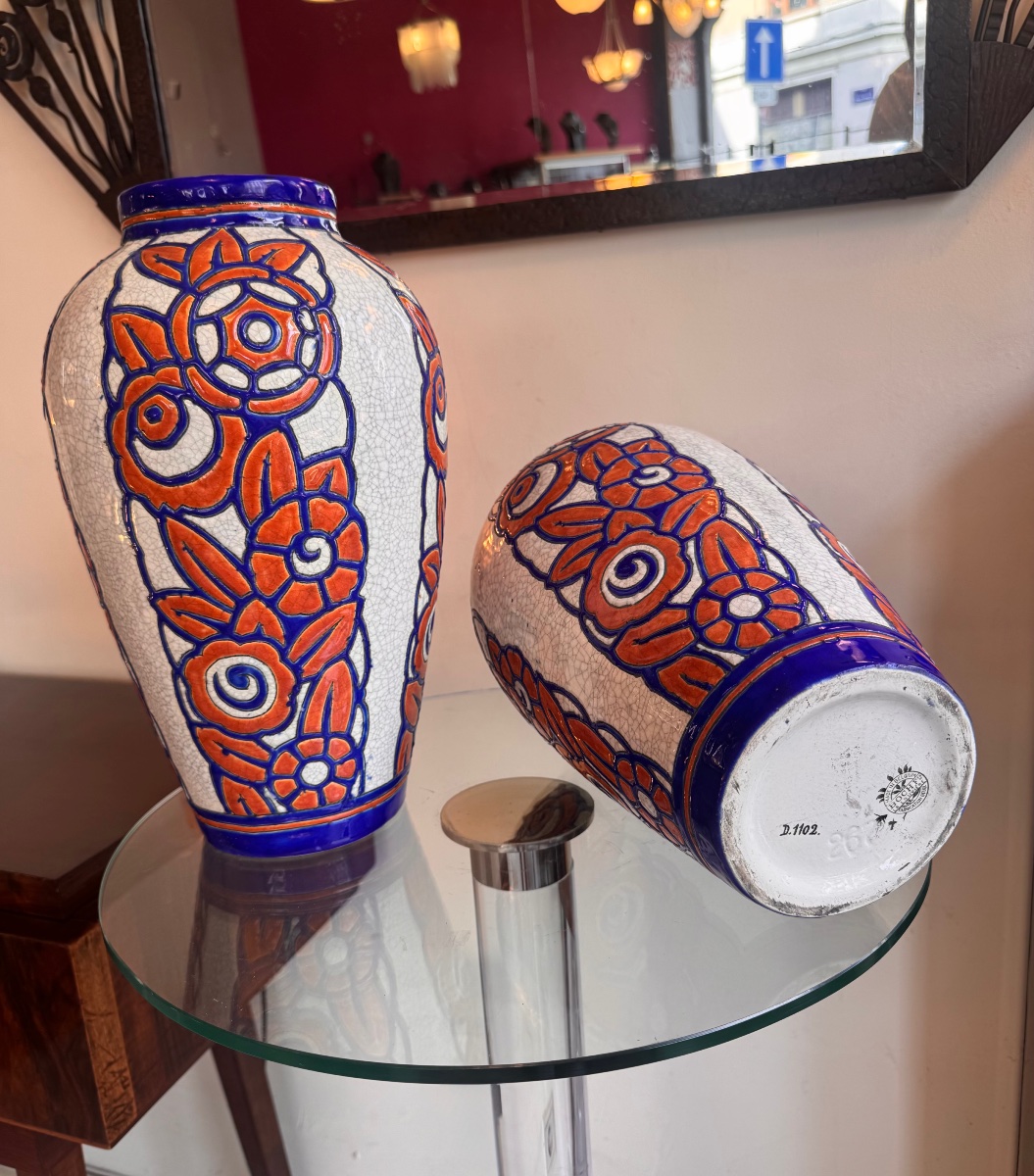 Grande Paire de Vases Art Déco Georges Tecqmenne / Boch Frères Kéramis Signée ( deco 1930 ) -photo-5