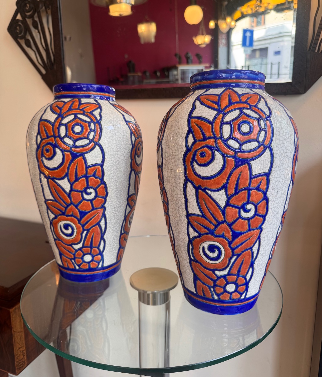 Grande Paire de Vases Art Déco Georges Tecqmenne / Boch Frères Kéramis Signée ( deco 1930 ) 