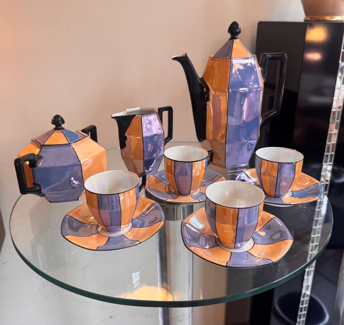 Service à Café / Thé Art Déco Signé «  Union K » en porcelaine irisée à formes géométriques -photo-2