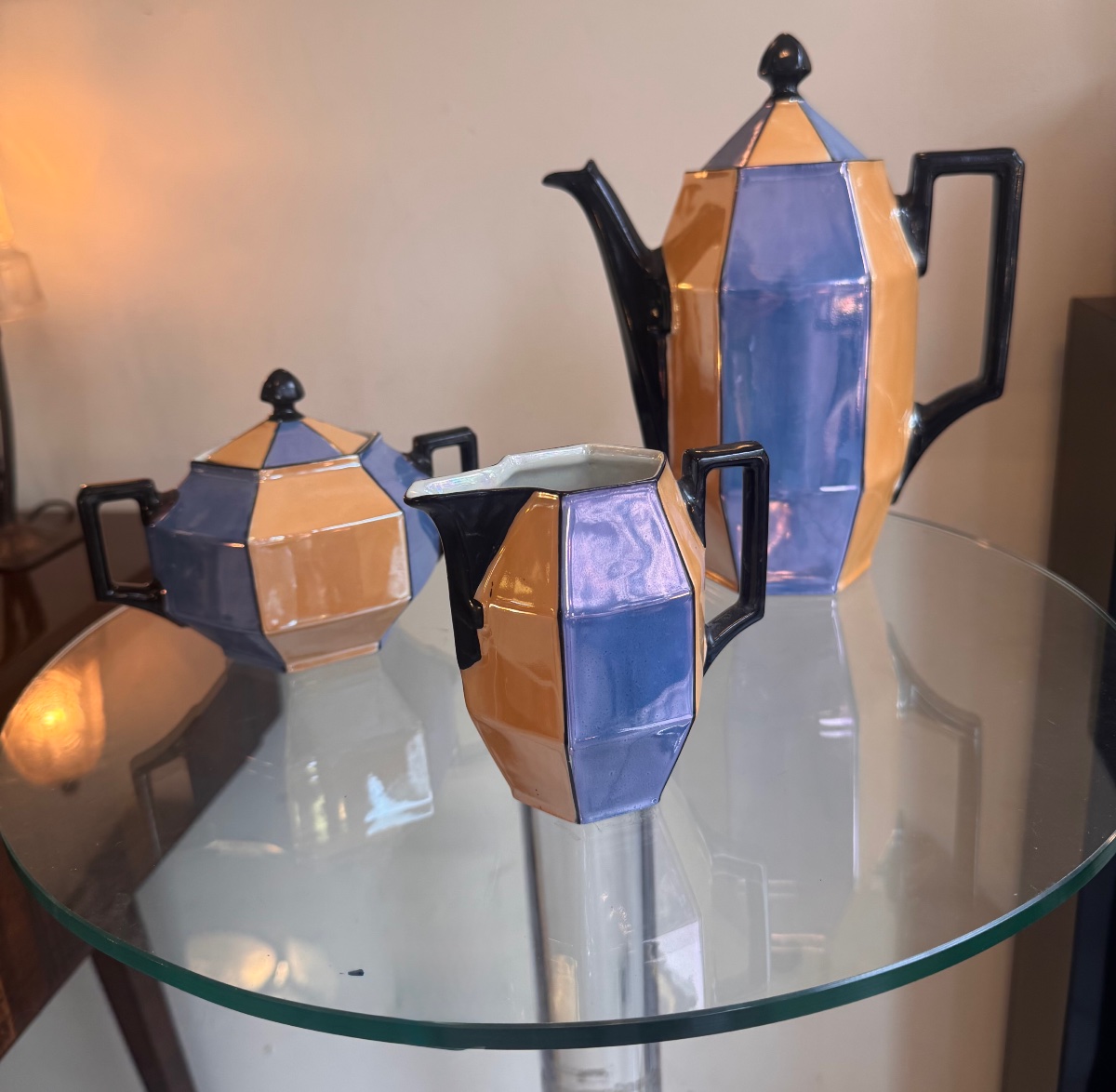 Service à Café / Thé Art Déco Signé «  Union K » en porcelaine irisée à formes géométriques -photo-1